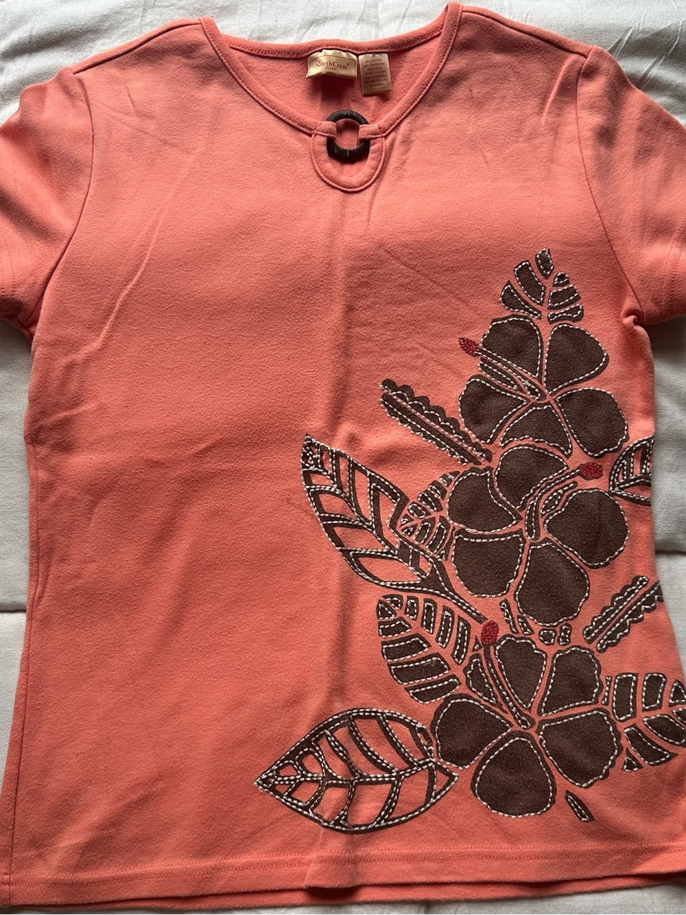 Northcrest Coral Pink Short Sleeve Floral Appliqué Top